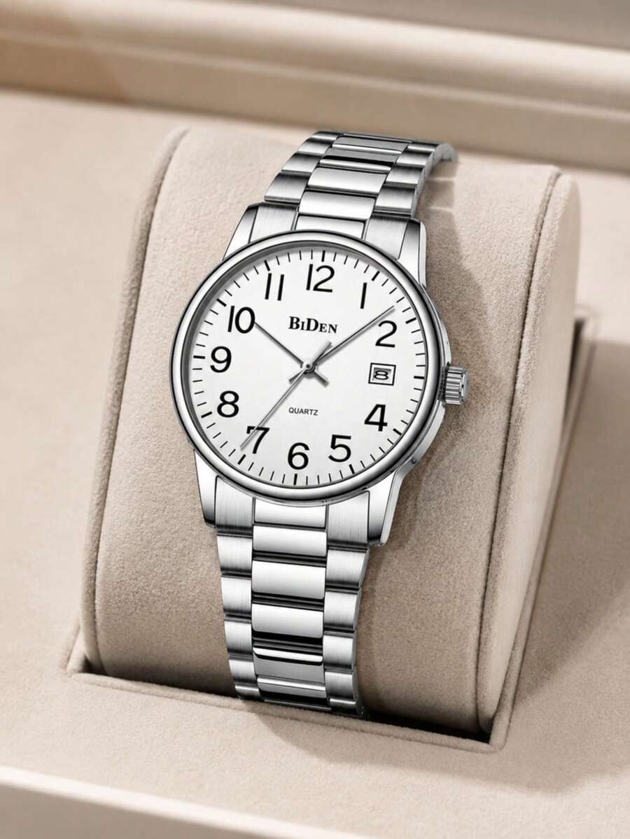 BIDEN Men's Watch Arabic Numeral Dial Analog Quartz With Date Water-Resistant Stainless Steel Strap
