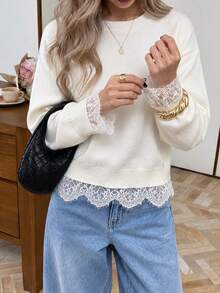 FOR BEAUTY Autumn/Winter Y2K Cream White Lace Trim Women's Sweater, Back Slit, Aesthetic Street Style Top - Off-white - View 4