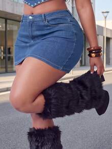 Plus Size High Elasticity Denim Mini Skirt, With Button And Pocket Design, Women's Fitted Mini Skirt - Royal Blue - View 9