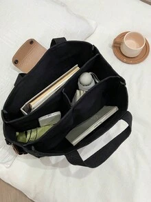 Multi-Compartment Solid Color Canvas Tote Bag, Large Capacity Handbag For Women, Minimalist Design, Multifunctional Shoulder Bag, Crossbody Bag For Outings - Black - View 7