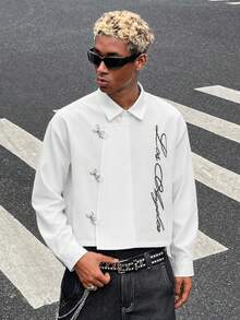 HOMIIE Men's White Frog Button Lapel Short Long Sleeve Shirt, Letter Print Loose Fit Casual Street Style Back To School Daily Wear, Suitable For Young Men - White - View 2