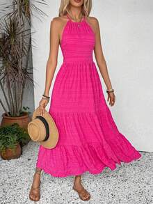 Vestido largo casual de mujer con cintura anudada y dobladillo fruncido, atuendo para vacaciones y playa  vestido para salir  vestido de vac - Azul Marino - Ver 6