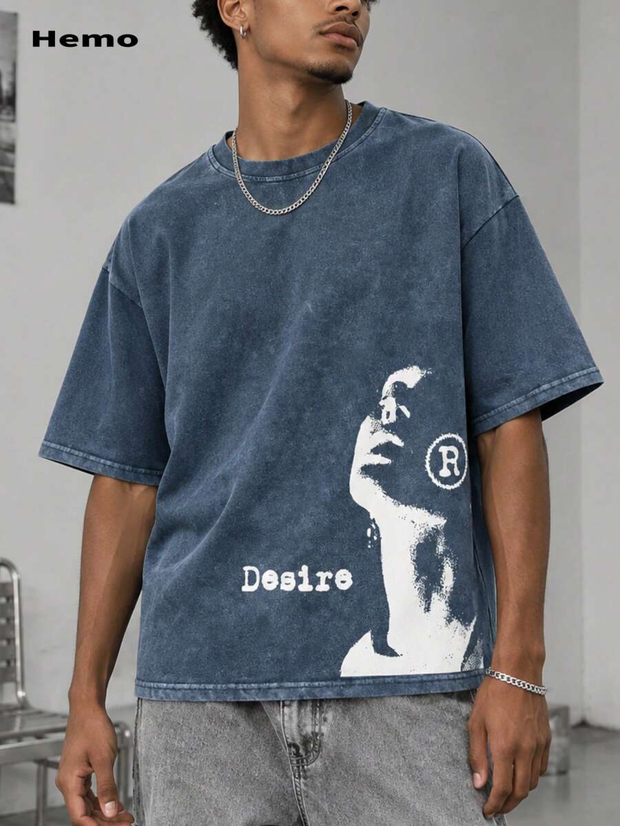 Hemo Men's Washed Vintage Portrait Print Round Neck Short Sleeve Casual T-Shirt - Blue - View 1