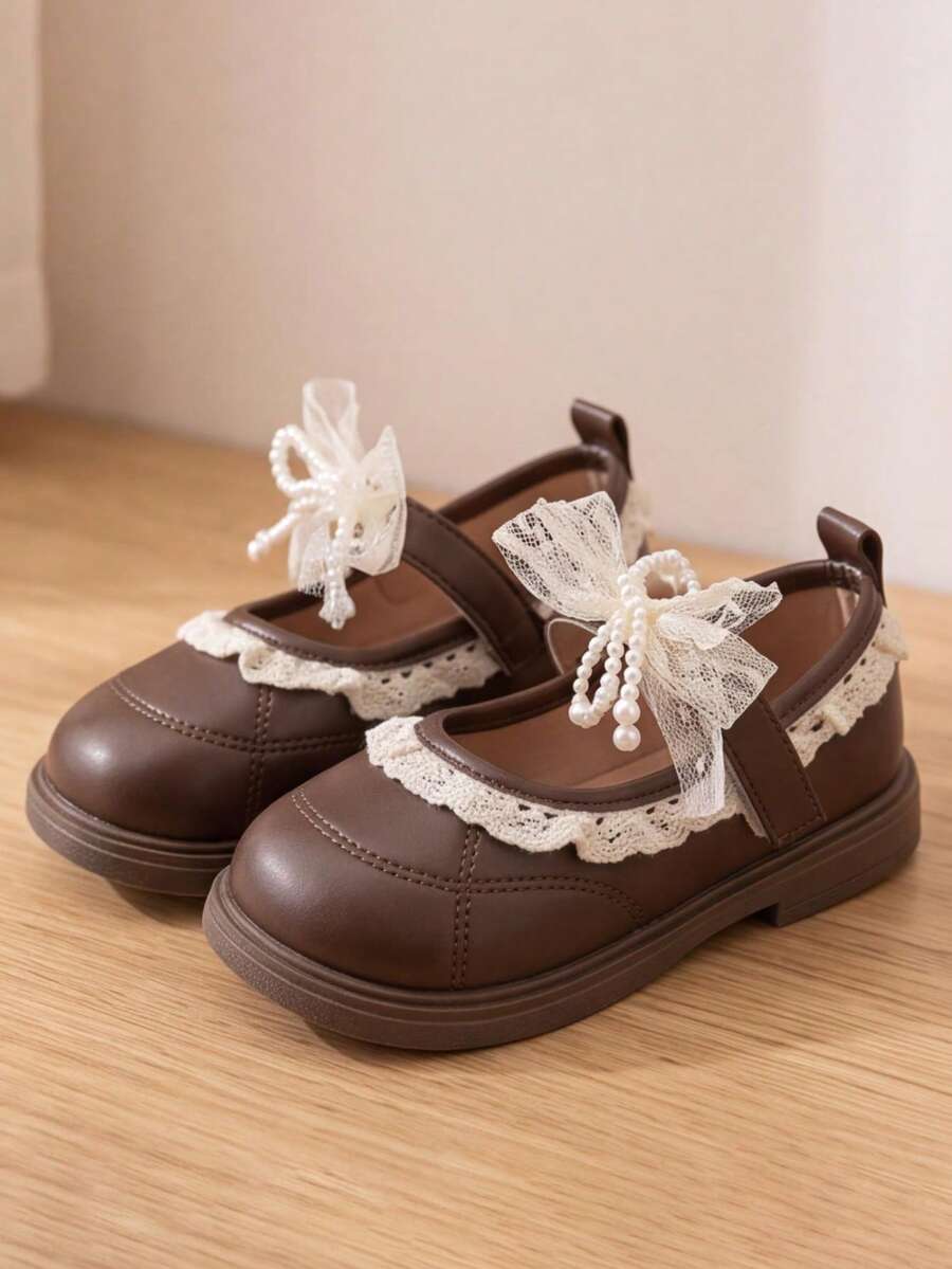Girls Sweet Princess Style Leather Shoes, Lace Pearl Bow Decor, Non-Slip Soft Sole Children's Mary Jane Shoes - Brown - View 1
