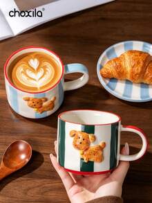 choxila 1pc Cute Embossed Puppy Ceramic Mug, Color Block Striped Coffee Cup, Creative Cartoon Dog Drinkware For Home Kitchen Gift - Striped Puppy Ceramic Mug - View 6