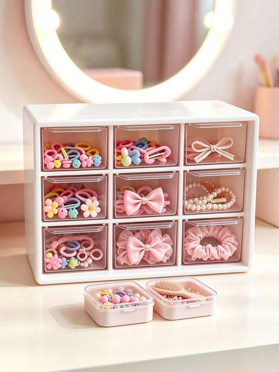 1pc 9-Grid Drawer Hair Accessory Storage Box, Girls Vanity Organizer - White - View 1