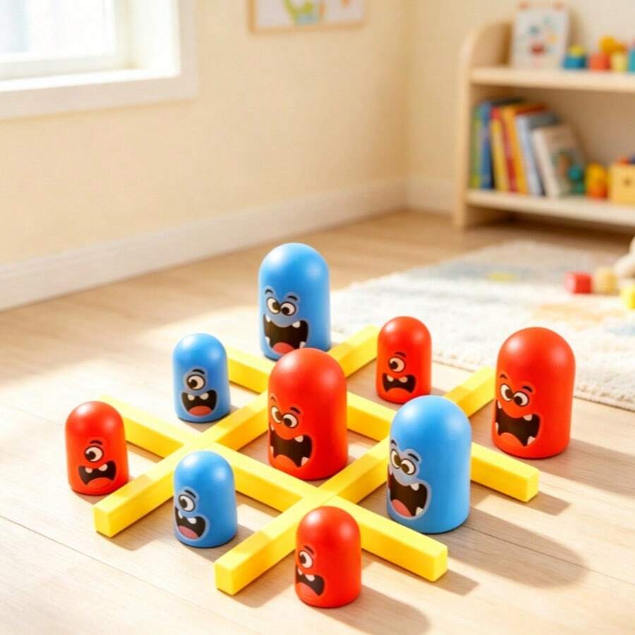 1 Buah - Permainan Papan Kayu Boneka Bersarang Monster Tic Tac Toe, Puzzle Susun Merah Biru 3x3, Mainan Strategi Pesta Keluarga untuk Anak Usia 3+