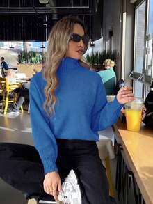 女款秋冬新款高領灰色極簡通勤修身優雅羅紋長袖針織套頭毛衣 - 深藍 - 查看 3
