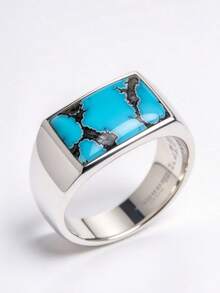1pc Men's Turquoise Square Ring, Vintage Style, Synthetic Zirconia, Suitable For Wedding, Banquet, Party, Daily Wear, No Packaging Box - Silver - View 3
