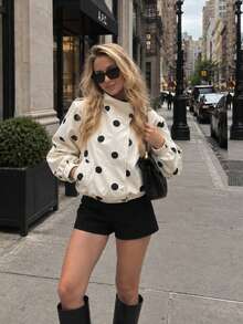 High Neck Polka Dot Loose Fit Trench Jacket - Black and White - View 7