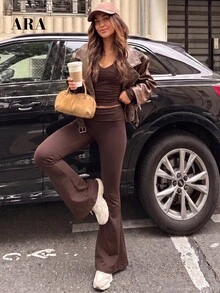 ARA CHIC Women's 2 Pieces Outfit Deep V Neck Long Sleeve Ruched Crop Top High Waist Flare Pants Set, Casual Slim Fit Y2K Workout Matching Tracksuit - Brown - View 1