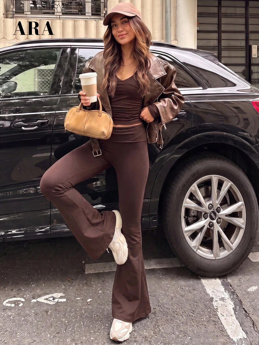 ARA CHIC Women's 2 Pieces Outfit Deep V Neck Long Sleeve Ruched Crop Top High Waist Flare Pants Set, Casual Slim Fit Y2K Workout Matching Tracksuit - Brown - View 1