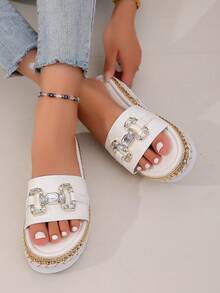 Women's Woven Strap Thick Sole Slip-On Sandals, White Rhinestone Trim Thick Sole Straw Slippers, Suitable For Summer Vacation - White Chain - View 8