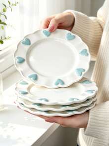 4pcs/2pcs/1pc Cute Embossed Blue Heart Ceramic Plate Set, Wavy Edge White Porcelain Dinnerware, Ins Style Dessert Salad Snack Plate, Afternoon Tea Home Table Decor, Holiday Gift - Multicolor - View 12