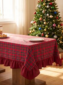 1pc Red Background Green & Black Plaid Tablecloth, Christmas Holiday Style Fabric Material, Rectangular With Scalloped Hem Design, Decorative Tablecloth For Christmas And Winter Home Decor - Red - View 8