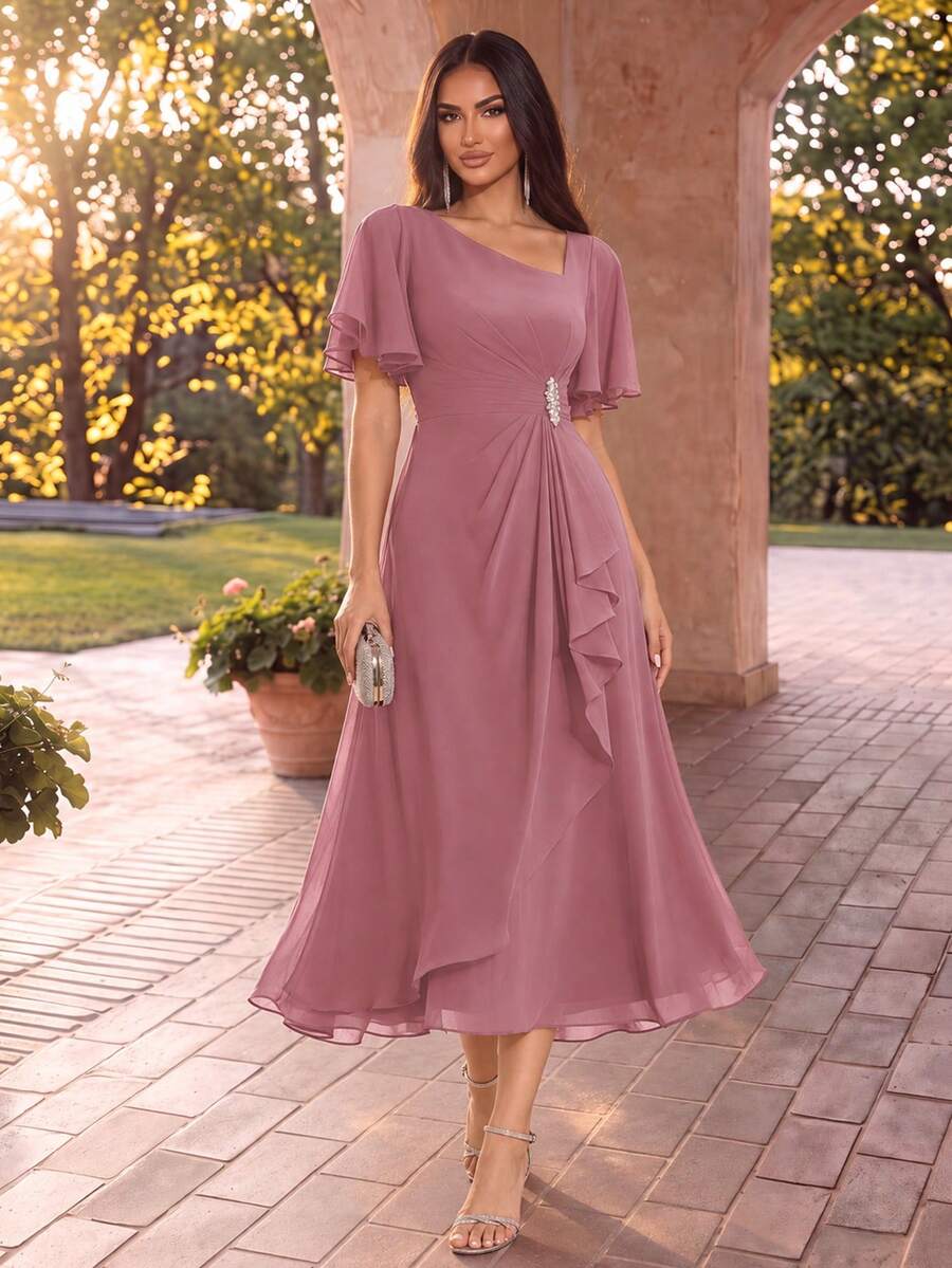 EVERPRETTY Elegant Pink Chiffon Bridesmaid Dress With Diamond Decor, Soft Asymmetrical Ruffle Hem, Suitable For Wedding, Formal Evening Events - Dusty Pink - View 1