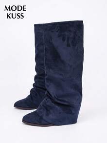 MODE KUSS New Women's Fashion Autumn/Winter Minimalist Blue Ruched Stacked Boots, Slip-On Suede Pointed Toe Chunky Heel Wide Leg Knee-High Boots - Blue - View 4