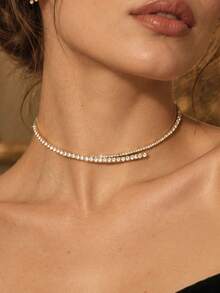 outingfit 1pc New Rhinestone Open Collar Necklace, European And American Fashion High-End Party Choker Necklace For Women - Gold - View 1
