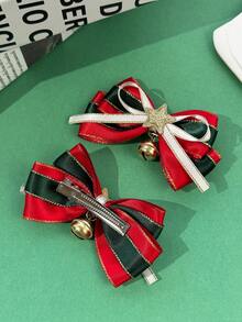 2pcs Christmas Party Red Green Gold Trim Bow Side Clip Gold Bell Star Pendant Hair Accessories For Girls Holiday Atmosphere - Multicolor - View 4