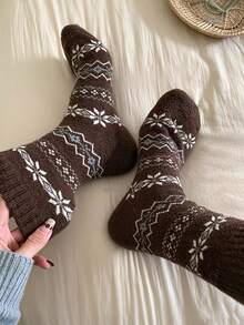 1/4/8 Pairs Women'S Vintage Brown Mid-Calf Socks With Snowflake, Cable, Or Stripe Patterns. Perfect For Fall And Winter-Great With Snow Boots Or Retro Dresses - Multicolor - View 6