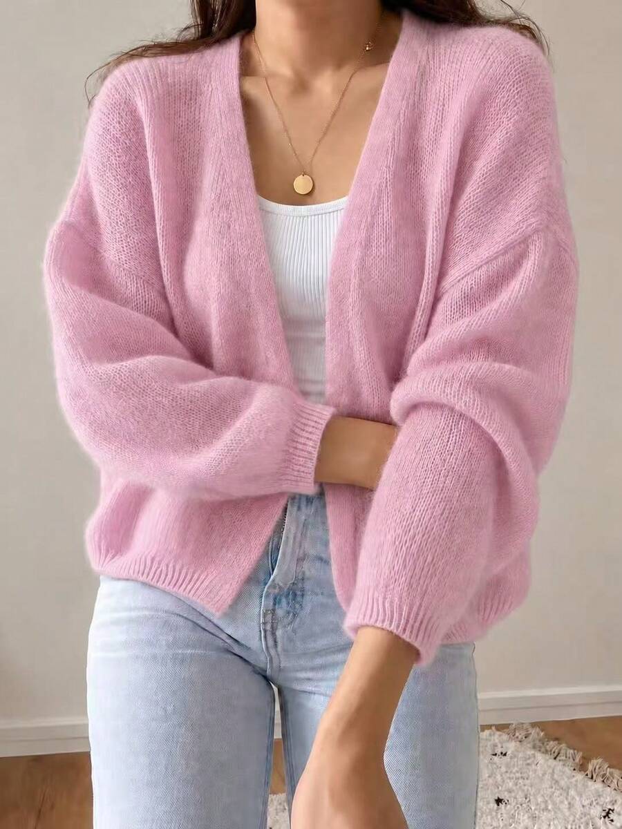 Women's Spring/Autumn/Winter Pink Basic Minimalist Long Sleeve V-Neck Front Open Cardigan Knit Jacket, Solid Color Gentle Casual Daily Wear - Pink - View 1