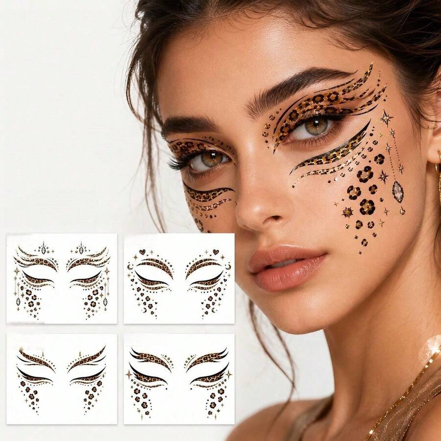 4 Lembar Stiker Tato Wajah Macan Tutul, Tato Sementara Riasan Mata Motif Cheetah, Seni Tubuh Meriah untuk Pesta Panggung, Halloween, dan Pesta Dansa - MultiWarna - View 1
