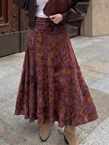 Rok Wanita Bermotif Bunga dengan Pinggang Berkerut, Modis dan Elegan - Burgundy - View 3