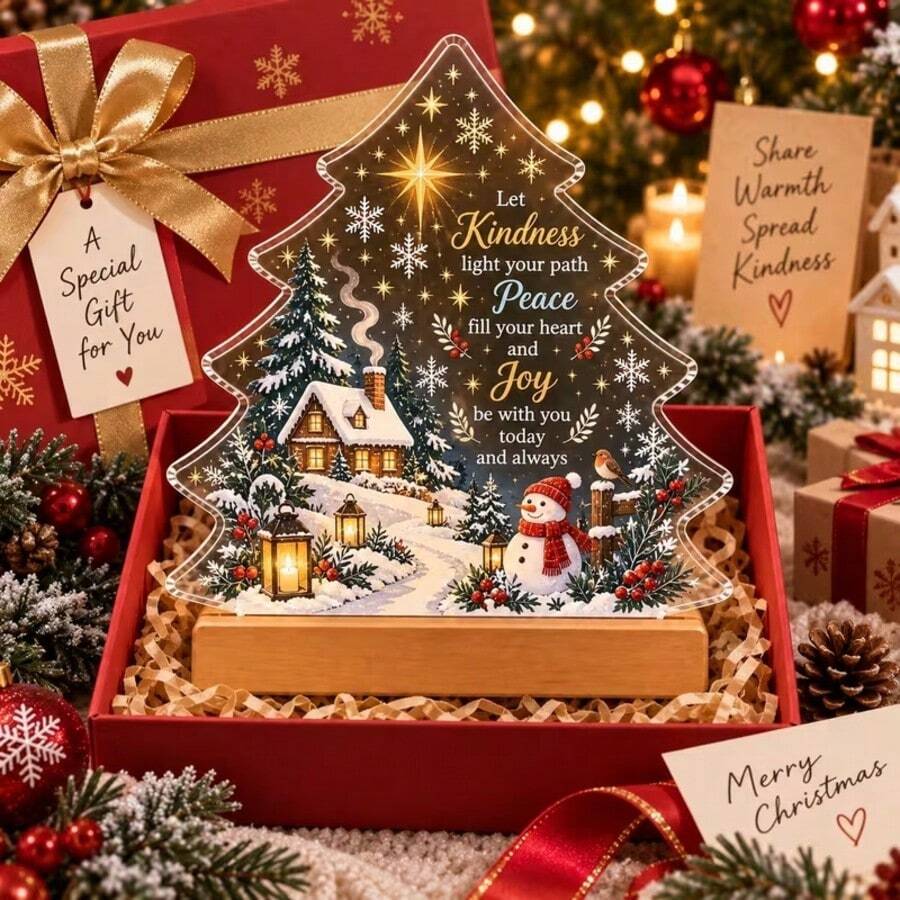 Lepaskan lapisan film sebelum digunakan, Biarkan kebaikan menerangi jalanmu. Dekorasi meja akrilik pohon Natal dengan alas kayu solid, rumah salju, manusia salju, burung robin, lentera, kepingan salju, kutipan berkat bahasa Inggris, hadiah kreatif Natal musim dingin untuk rumah, tidak memerlukan listrik. - A - View 1