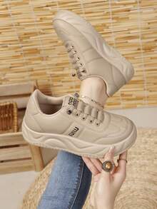 Van Skr Minimalist Solid Color Smooth Thick Sole Casual Loafers, Elastic Slip-On Height-Increasing Commuter Sneakers - Beige - View 5