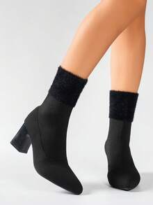Women's Pointed Toe High Heel Elastic Ankle Boots, Knitted Patchwork Fur Design High Heel Mid-Calf Boots, Fashionable Minimalist Versatile Chunky Heel Slim Boots - Black - View 4