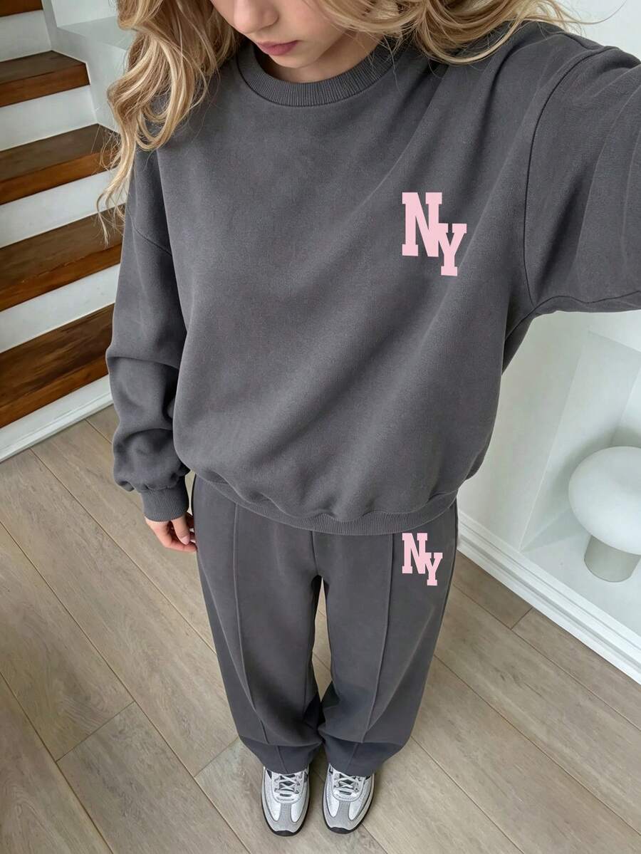 Youth Girl Letter Print Round Neck Long Sleeve Top And Pants Set - Dark Grey - View 1
