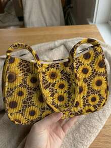 1 buah Tas Bahu Corduroy Motif Leopard & Bunga Matahari, Tas Selempang, Kapasitas Penyimpanan Besar, Penutup Resleting, Tas Tangan Baguette Y2K untuk Hadiah Perjalanan Sehari-hari - MultiWarna - View 4