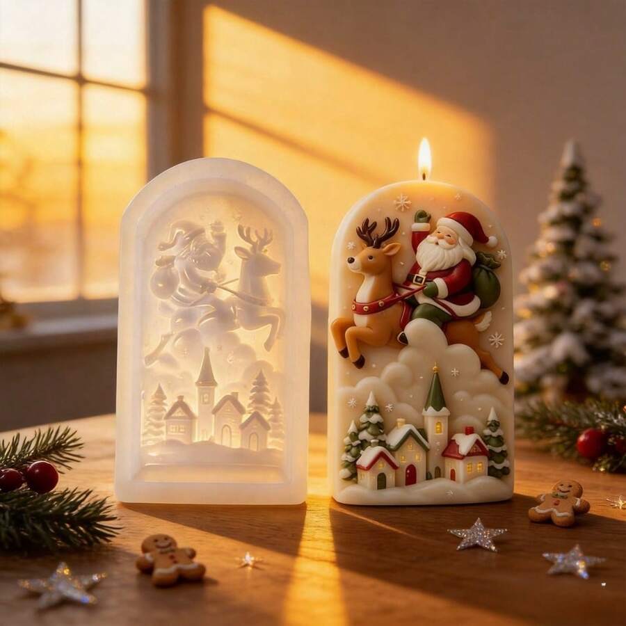1pc 3D Santa Claus & Reindeer Silicone Mold, Christmas Village Embossed Candle Mold, Suitable For DIY Handmade Soap, Plaster, Resin Casting, Christmas Home Decor & Gift Making - Multiple Styles - View 1