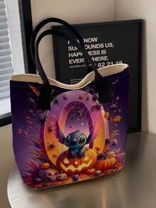 Disney Halloween Letter Embroidery Pumpkin Print Tote Bag, Large Capacity Cartoon Shoulder Handbag, Spider Web Skull Bat Pattern Shopping Bag, Casual Reusable Tote Bag, Suitable For Halloween Party, Daily Outing, Gift - Multicolor - View 7