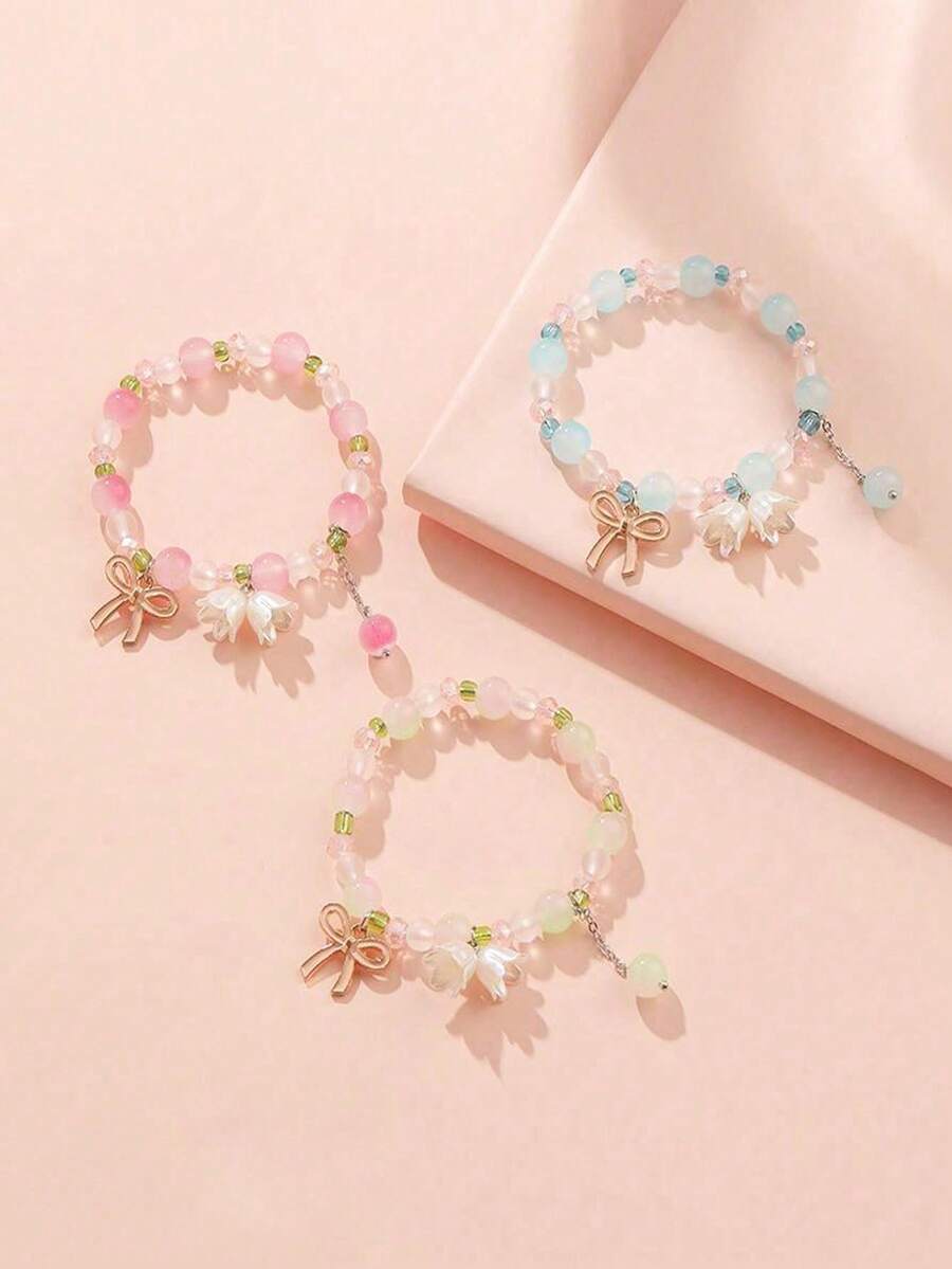 3pcs/Set Girls Sweet Orchid Beaded Bracelet Set, Best Friends/BFF Bracelet Gift For Girls - Multicolor - View 1