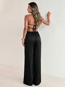 Elegant Black Satin Women's 2 Pieces Set, Bandeau Top + Wide Leg Pants, Suitable For Casual Fashion Or Formal Occasions - Black - View 2