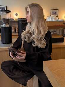 女款純色長袖針織毛衣與長褲兩件套 - 咖色 - 查看 5