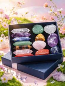 14pcs/Set Polished Natural Crystal Stones, Double & Single Point Gift Box, Meditation Balance Energy, Home Desktop Decor - Natural Crystal Stone Decoration - View 3