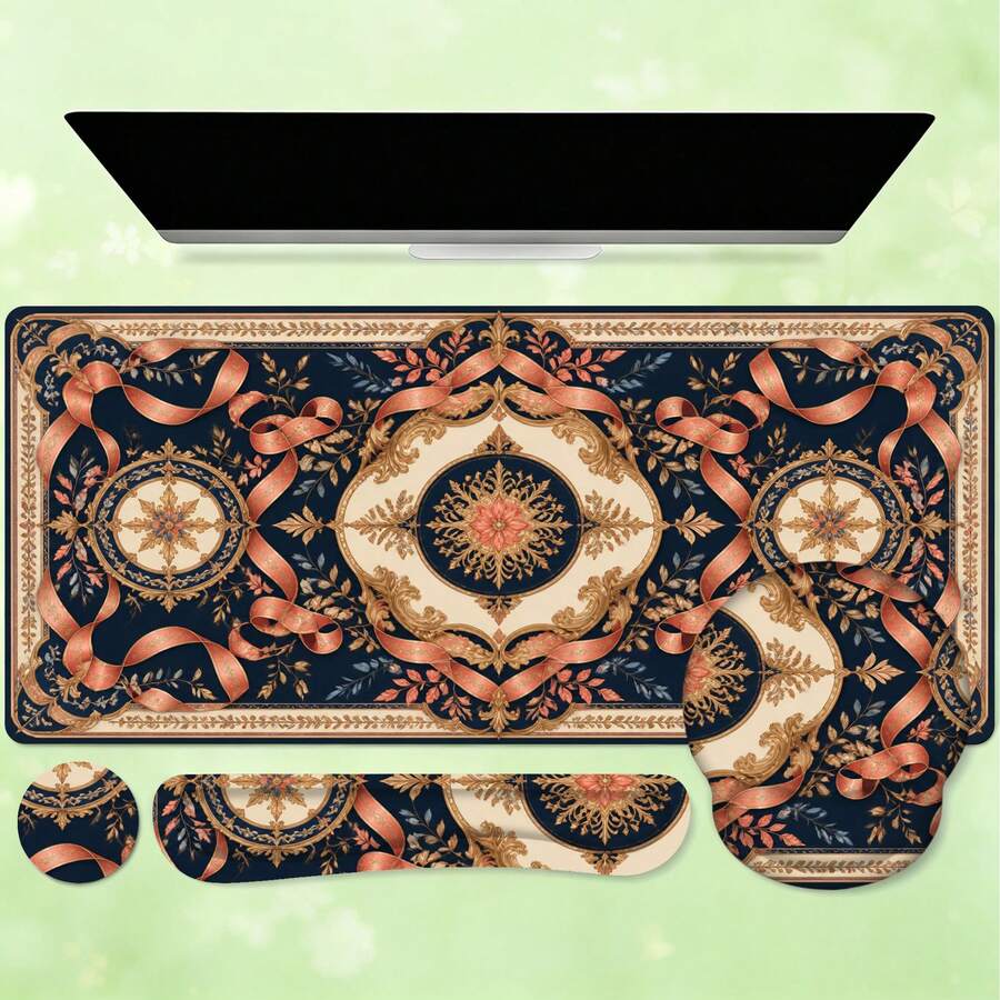 1pc Vintage Royal Ribbon Aesthetic Desk Mat, Ornate Floral Print Large Mouse Pad For Dorm & Vanity Table Decor - View 1