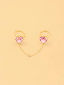 STONEFANS 1pc New Sweet & Cool Heart Double Finger Ring, Minimalist Girly Style, Exquisite Fashion Party & Date Hand Accessory - Love - View 11