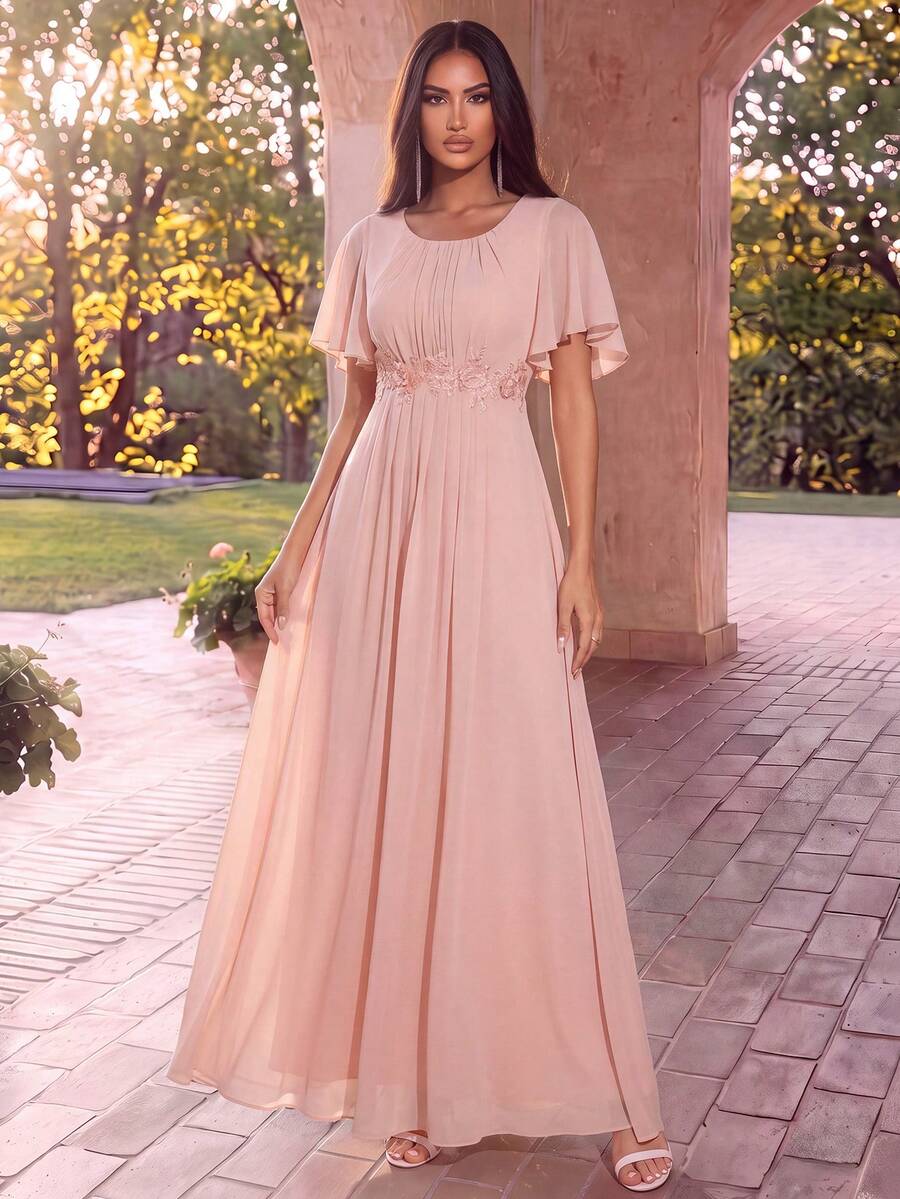 Elegant Embroidered Ruffle Sleeve Applique Pleated Chiffon Bridesmaid Dress, Formal Evening Gown For Wedding Guest Pink Spring