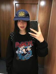 American Vintage Cartoon Print Black Crew Neck Sweatshirt Women Autumn Loose Fit - Black - View 2
