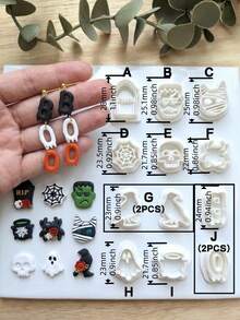 12pcs Halloween Theme Polymer Clay Molds, Gothic Style Ghost, Skull, Spider Web, Tombstone Molds, Suitable For Handmade Earrings, Jewelry DIY Crafting - White - View 6
