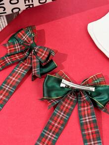 2pcs Christmas Red & Green Plaid Bow Ribbon Hair Clips, Vintage Holiday Vibe Side Alligator Hair Clips, Back Of Head Decorative Hair Accessories For Girls - Multicolor - View 4