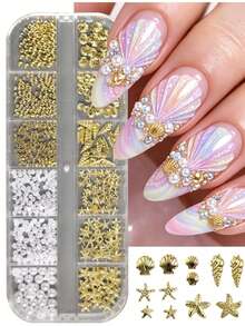 FULL BEAUTY 12-Grid Shell & Starfish Gold Metal Nail Art Decor Beads Pearl Nail Accessories Rivets Handmade Summer Ocean Vacation DIY Nail Supplies - Multicolor - View 5