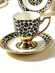 6 Sets/1 Set 90ml Leopard Print Gold-Plated Ceramic Coffee Cup And Saucer, Microwave And Dishwasher , Espresso, Arabic Coffee Cup, Saudi Coffee Cup, Suitable For Afternoon Tea, Cafe, Kitchen, Perfect Gift - Multicolor - View 9