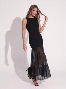 Women's Sleeveless Boat Neck Mermaid Long Dress, Chiffon Layered Ruffle Hem, Fitted Formal Evening Gown, Wedding Guest Party Dress - Black - View 4