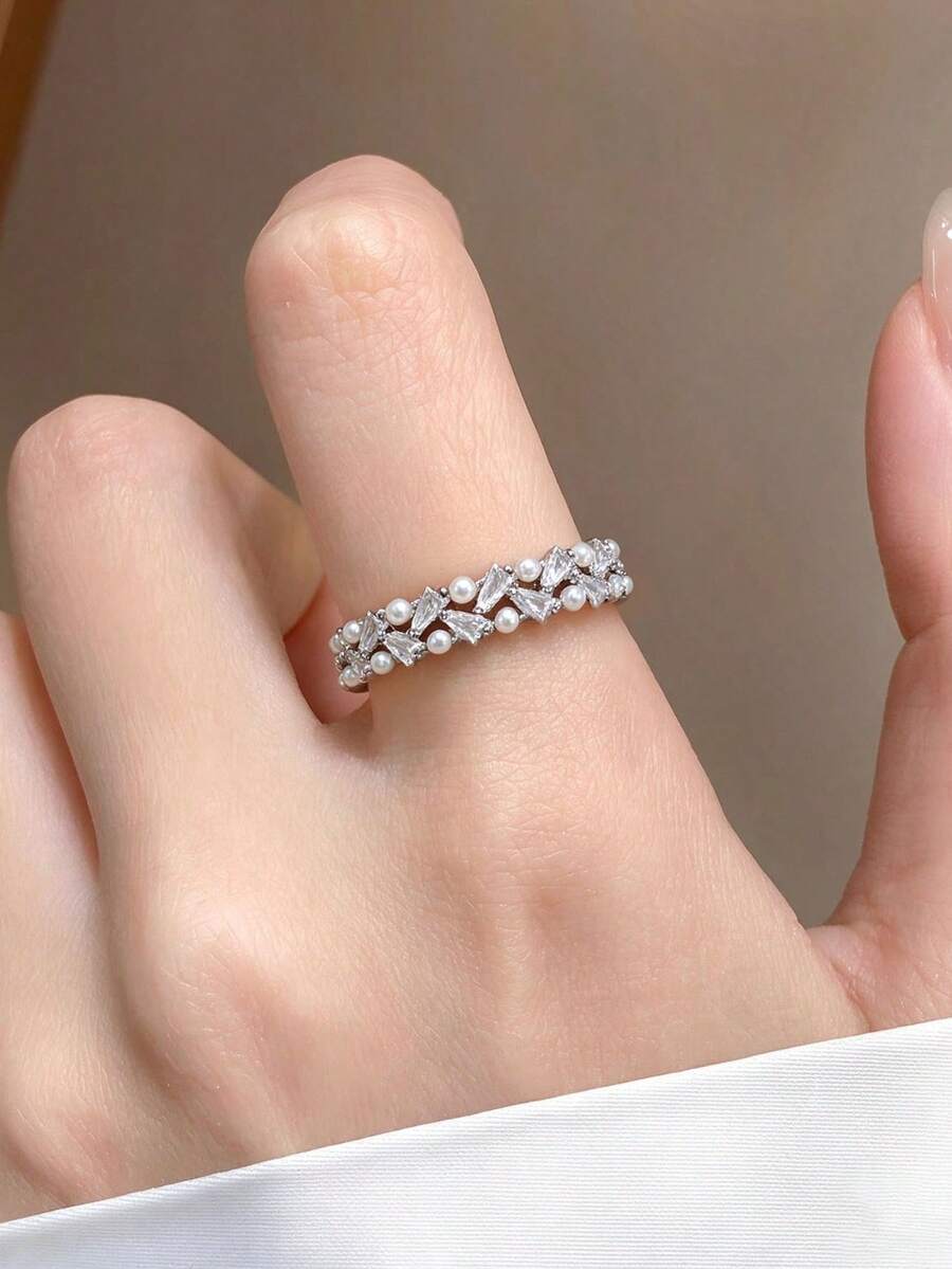 1pc Vintage Copper Double Row Faux Pearl Open Ring, Niche High-End Minimalist Style, Versatile Finger Ring Suitable For Women's Daily, Holiday, Party Wear - Silver - View 1