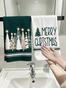 2pcs Christmas Tree Pattern Napkins, Soft Christmas Bathroom Hand Towels, Highly Absorbent Towels, Christmas Tea Towels, Suitable For Kitchen And Bathroom - Christmas Tree - View 2