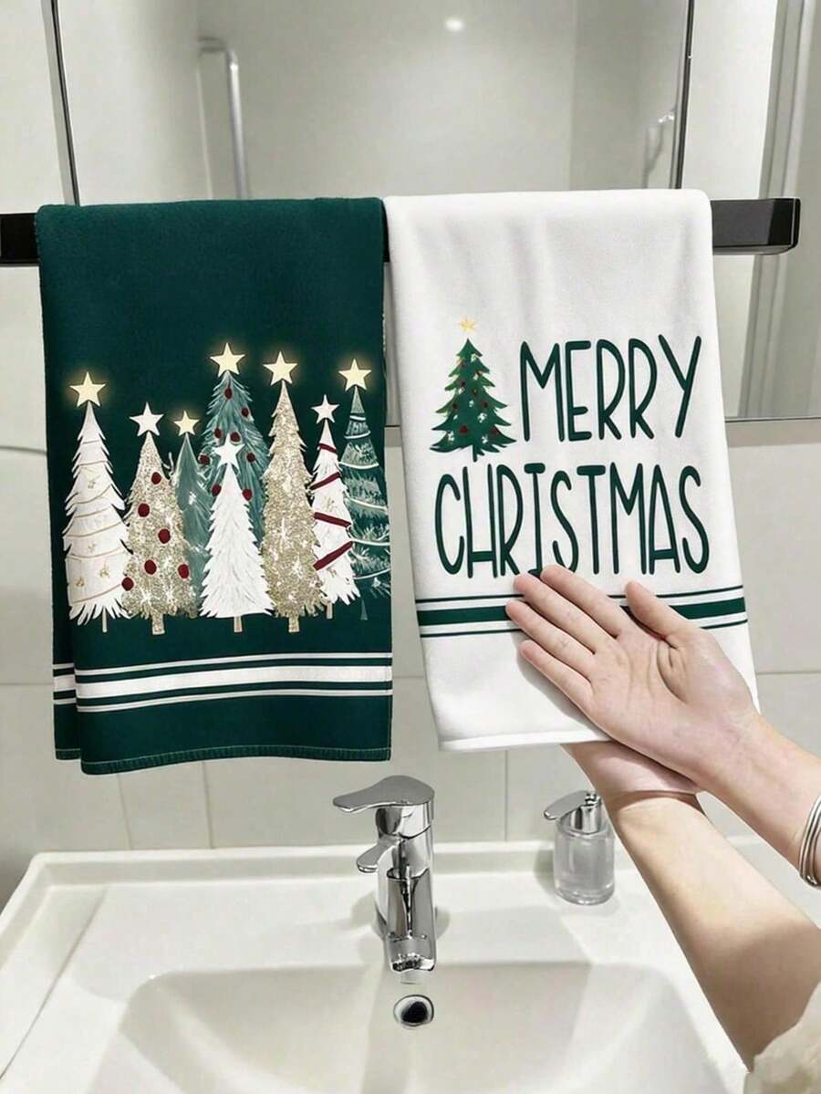 2pcs Christmas Tree Pattern Napkins, Soft Christmas Bathroom Hand Towels, Highly Absorbent Towels, Christmas Tea Towels, Suitable For Kitchen And Bathroom